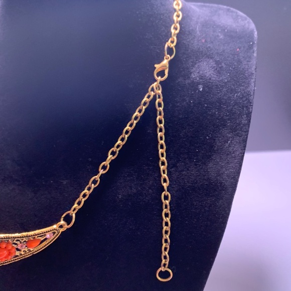 Boho Tribal Geometric Southwestern mosaic bib style red blue gold tone necklace - Picture 7 of 12